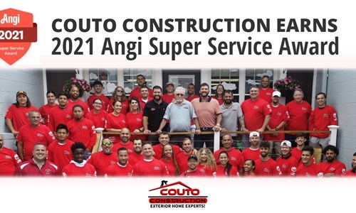 Team photo with the caption Couto Construction Earns 2021 Angi Super Service Award