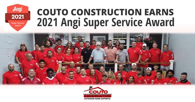Team photo with the caption Couto Construction Earns 2021 Angi Super Service Award
